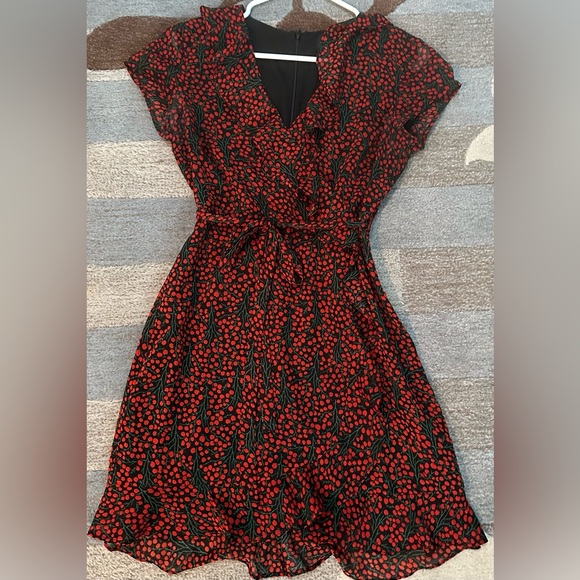 Bardot Short Sleeve Cherry Print Faux-Wrap Mini Dress - Picture 6 of 9
